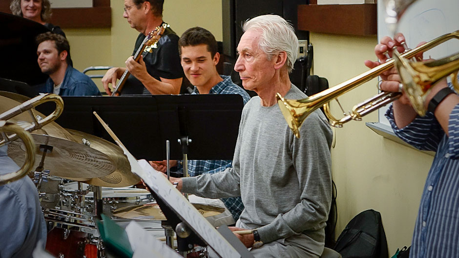 Rolling Stones drummer Charlie Watts performed with students in the Frost Concert Jazz Band during a visit to the Frost School of Music in 2016. Photo: Andrew Innerarity/University of Miami