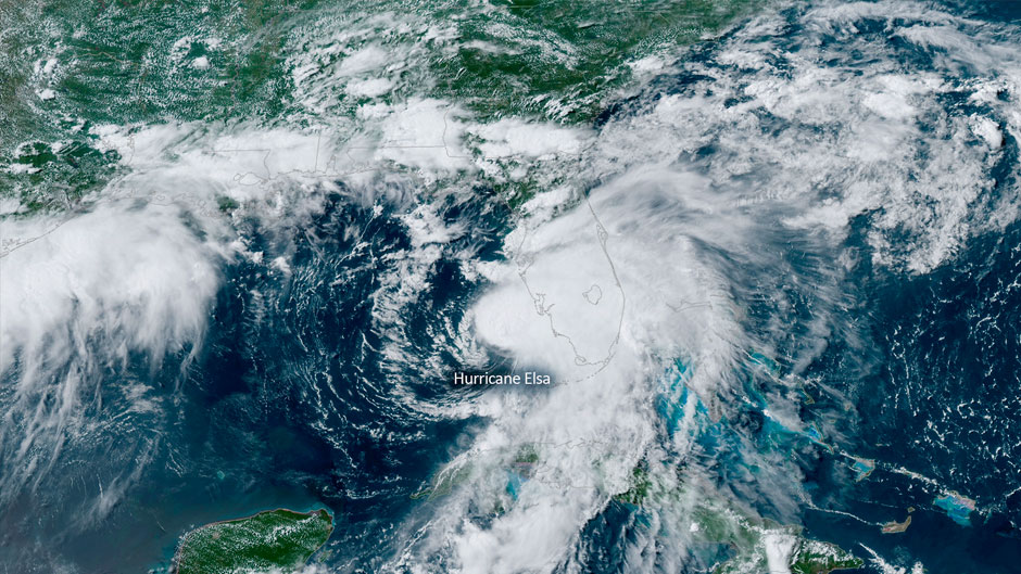 A NOAA GOES-East satellite image of Hurricane Elsa as it moves up Florida’s west coast on July 6, 2021.