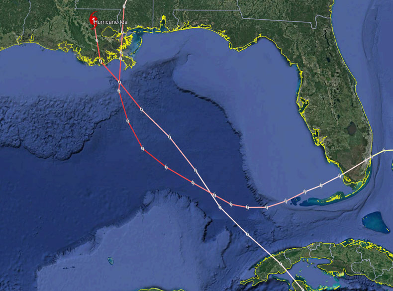 Hurricane Katrina tracks alongside Hurricane Ida