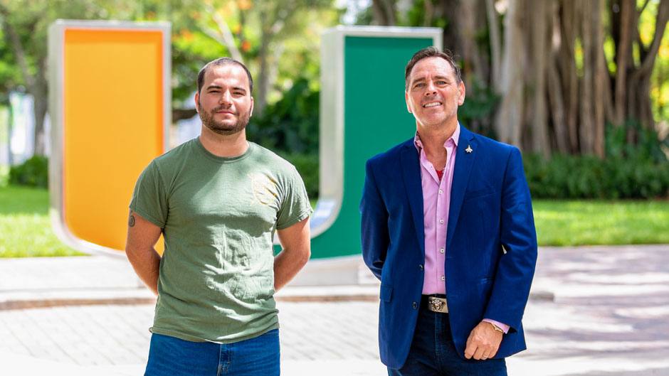 Zachary Danney, president of the Veteran Students Organization, and Jack Miller, assistant professor of professional practice in the School of Communication and VSO adviser. Photo: Jenny Hudak/University of Miami