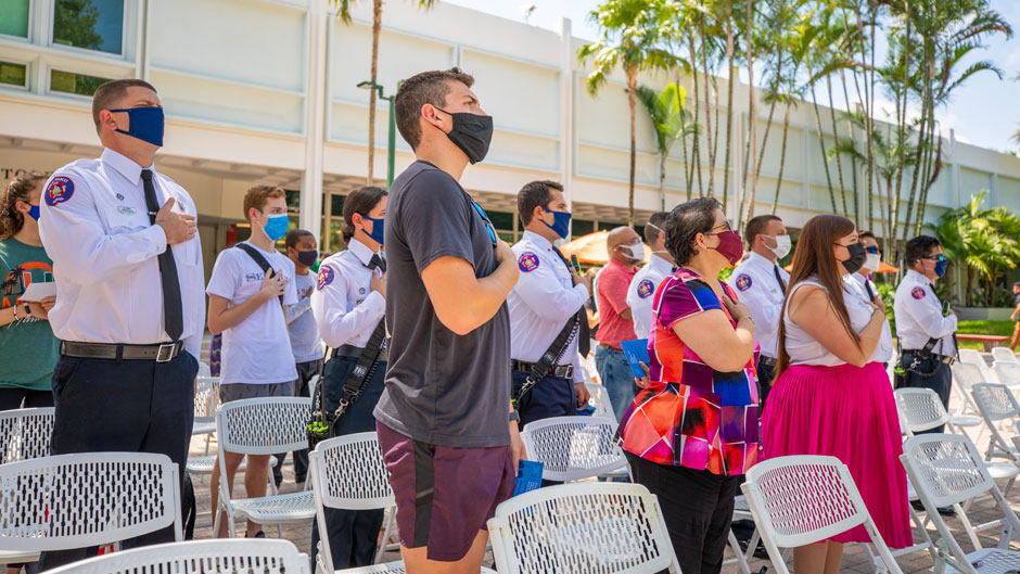 Members of the University community attend an event at the UC Rock Plaza to honor the 20th anniversary of 9/11. Photo: Mike Montero/University of Miami