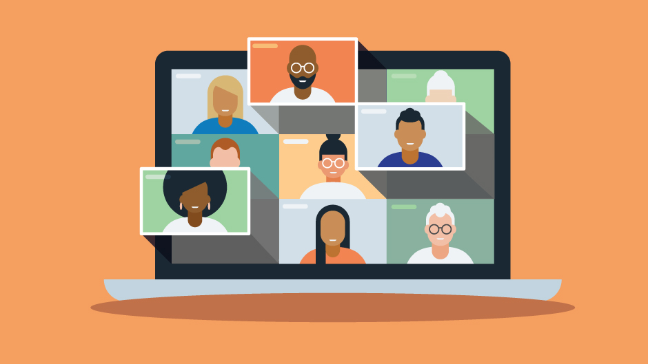 Illustration of a diverse group of friends or colleagues in a video conference on laptop computer screen stock illustration