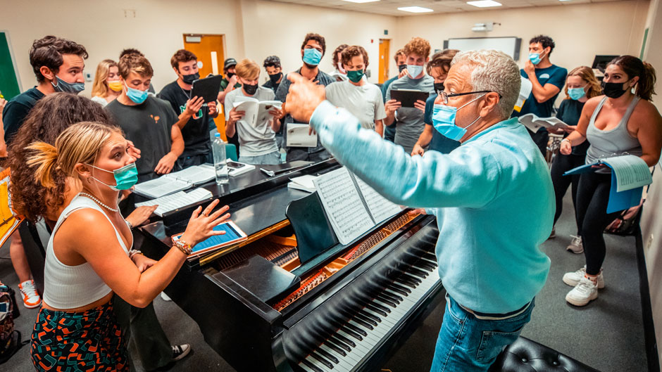 Theatre Arts students rehearse for "The Frogs" with senior lecturer David Williams. Photo: Mike Montero/University of Miami