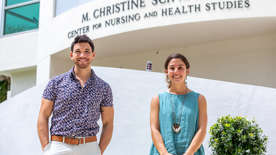 Nicholas Metheny, assistant professor with the School of Nursing and Health Studies, and Maria Jose Baeza Robba, a second-year Ph.D. student. Photo: Jenny Hudak/University of Miami