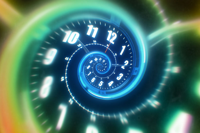Rotating spiral of a luminous clock from numbers. Abstract 3d illustration