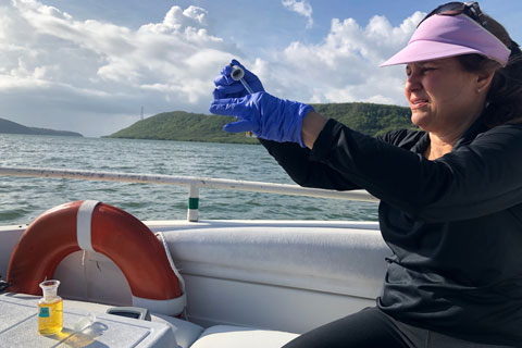Professor of environmental engineering Helena Solo-Gabriele analyzes a Guánica Bay sediment sample for dissolved oxygen.