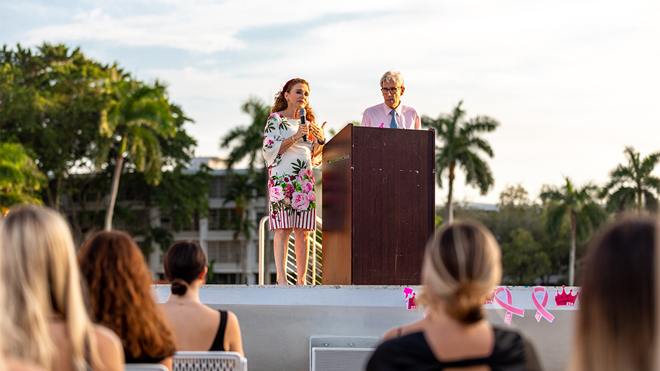 Felicia Marie Knaul and Julio Frenk deliver remarks during the annual pink fountain lighting hosted by Zeta Tau Alpha