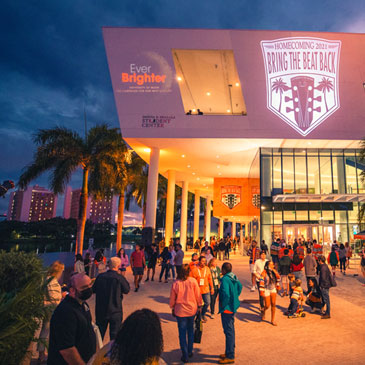 Ever Brighter and Bring the Beat Back lighting on the Donna E. Shalala Student Center at Alumni Weekend and Homecoming 2021. Photo: Mike Montero/University of Miami