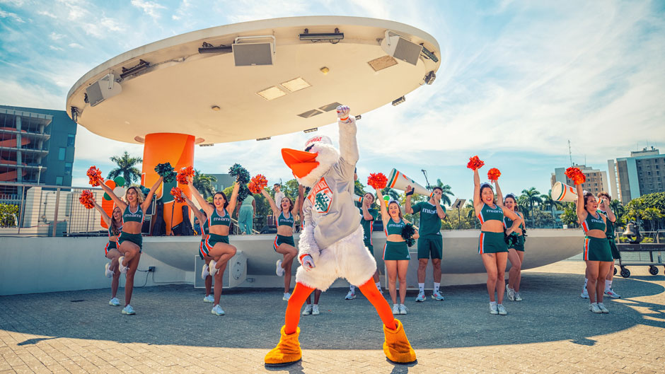 Sebastian the Ibis and spirit squads at Homecoming opening ceremony