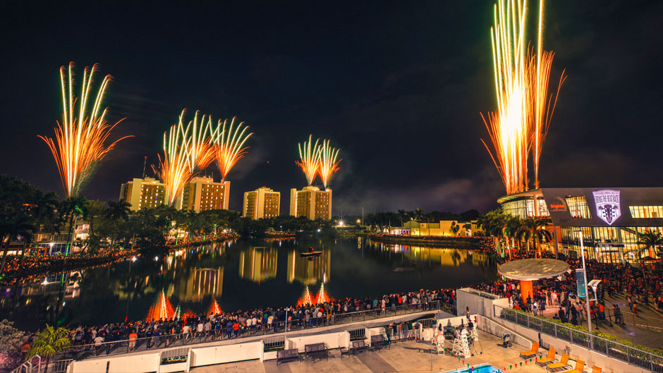 Fireworks were set off from the rooftops of residential colleges and Shalala Student Center during Hurricane Howl 2021. Photo: Mike Montero/University of Miami