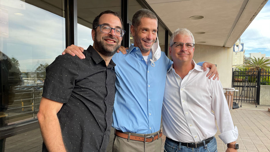 From left, Seth Miller, executive director of the Innocence Project of Florida, Dustin Duty, and Craig Trocino, director of Miami Law's Innocence Clinic, on the day of Duty's release.