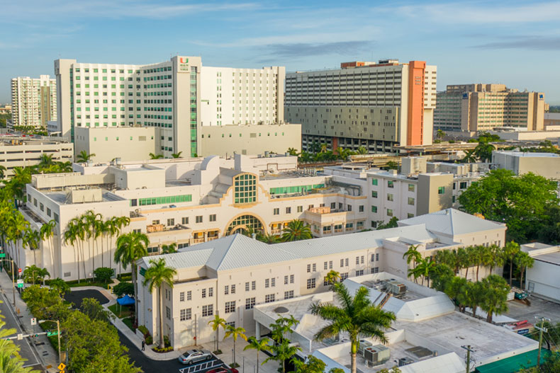 An aerial view of the Medical Campus with UHealth Tower in the background. Photo: TJ Lievonen/University of Miami
