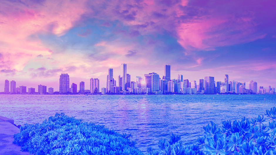 City of Miami skyline with pink and purple gradient overlay