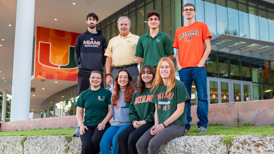 Top, from left: Drew Rich, Chris Langdon, Anwar Khan and Zach Berkowitz Bottom, from left: Nancy Lewis, Laura Stieghorst, Isabelle Fitzpatrick and Eden Leder. Photo: Jenny Hudak/University of Miami