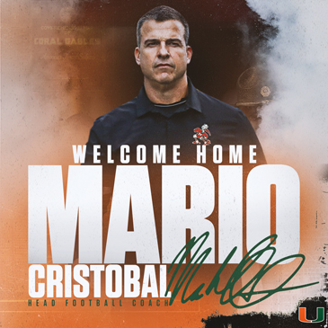 Graphic image introducing Mario Cristobal as next Miami Hurricanes football coach