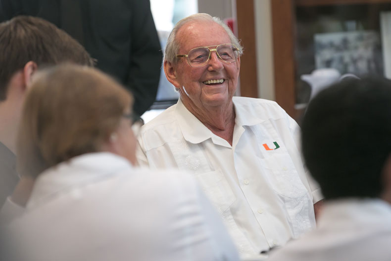 William R. Butler, vice president emeritus of student affairs, celebrates his 90th birthday in 2016. Photo: Jenny Abreu/University of Miami