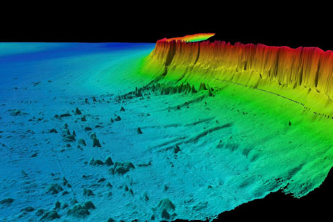 Underwater seascape imaged by multibeam data displaying the margin failure on the southwestern corner of Great Bahama Bank. 