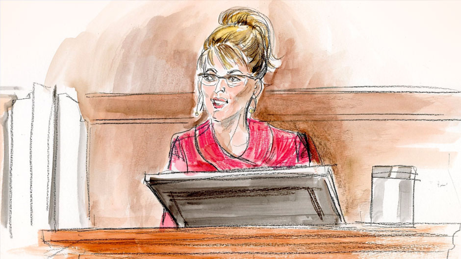 In this courtroom sketch, former Alaska Gov. Sarah Palin testifies in her defamation lawsuit against The New York Times in federal court, Wednesday Feb. 9, 2022, in New York. (AP Photo/Elizabeth Williams)