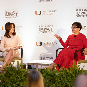 Laurie Silvers and Sheila Johnson during the opening keynote of the 2022 Real Estate Impact Conference. Photo: Evan Garcia/University of Miami