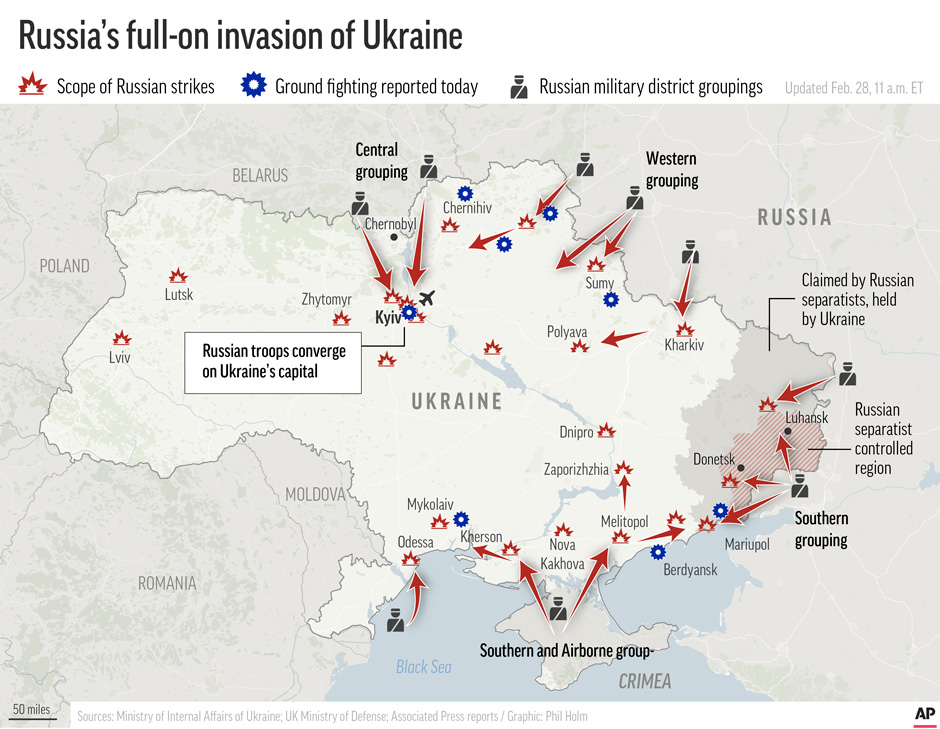  The following map shows the locations of known Russian military strikes and ground attacks inside Ukraine after Russia announced a military invasion of Ukraine. The information in this map is current as of February 28, 2022 at 11 a.m. eastern time