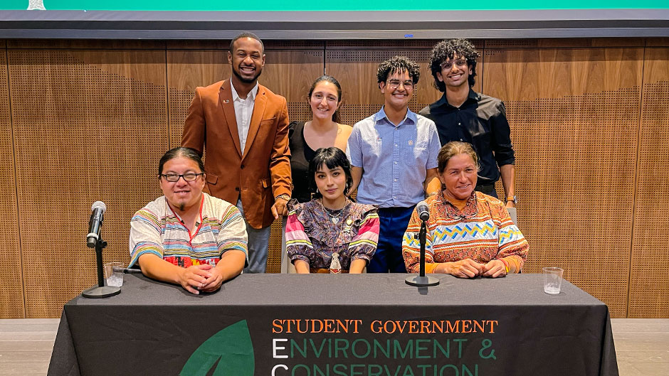 The three panelists of an indigenous voices panel discussion, photographed with moderator Landon Coles and members of Student Government's ECO Agency.ECO