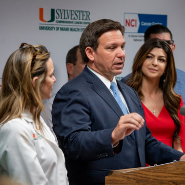 Florida Governor Ron DeSantis announced additional funding for three of the state's cancer centers during a press conference at the Medical Campus on Tuesday, May 17. Photo: David Sutta for the University of Miami