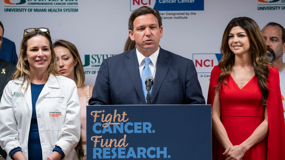Florida Governor Ron DeSantis announced additional funding for three of the state's cancer centers during a press conference at the Medical Campus on Tuesday, May 17. Photo: David Sutta for the University of Miami