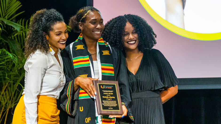 MSA Assistant Directors Kennedy Robinson (left) and Stephanie Nunez (right) pose with Michelle Atherley, one of the 2022 Nanga Award recipients.