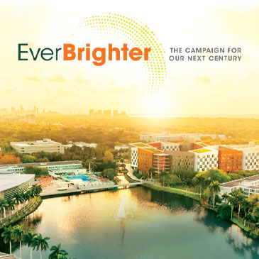 EverBrighter campaign graphic over photo of Coral Gables Campus