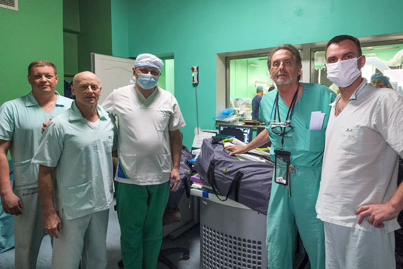 Enrique Ginzburg, second from right, and David Epstein, second from left, with Ukrainian physicians at the military hospital in Lviv. Photo courtesy Enrique Ginzburg
