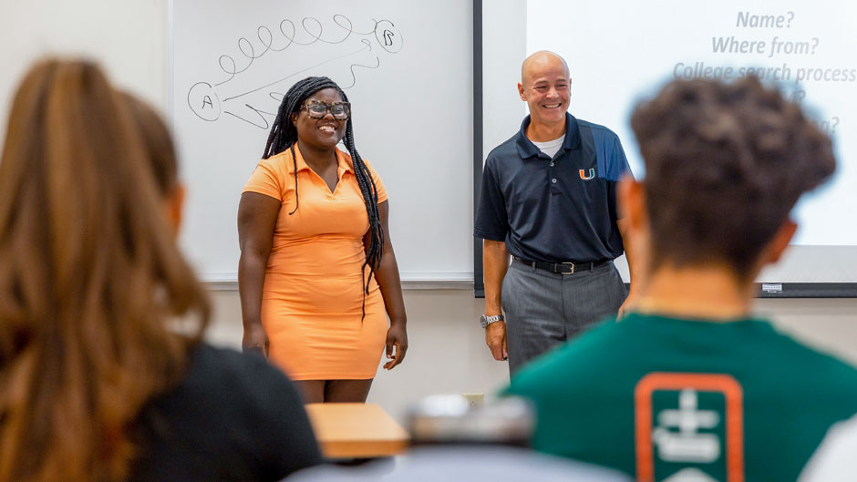 Esther Alexandre and John Haller, vice president of enrollment management, teach a First-Year Directions course on Wednesday, Aug. 24. Photo: Matthew Rembold/University of Miami