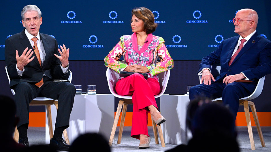 Julio Frenk, Laura Chinchilla, and Eduardo Padron on stage at the Concordia Annual Summit in New York City. Photo courtesy Concordia