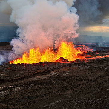 Aerial image of fissure 3 on Mauna Loa's Northeast Rift Zone erupting the morning of November 30, 2022. Fissure 3 remains the dominant source of the largest lava flow being generated during the eruption. U.S. Geological Survey (USGS) image by K. Mulliken.  