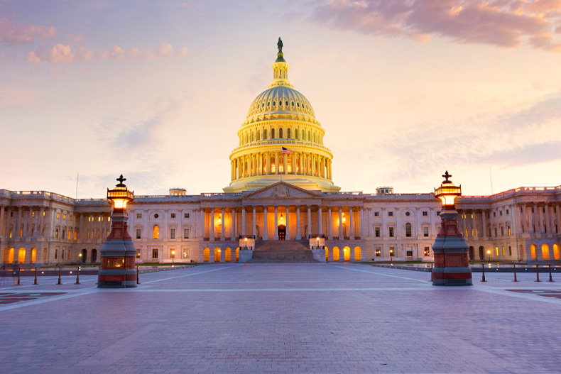 Exterior view of Congress at sunset