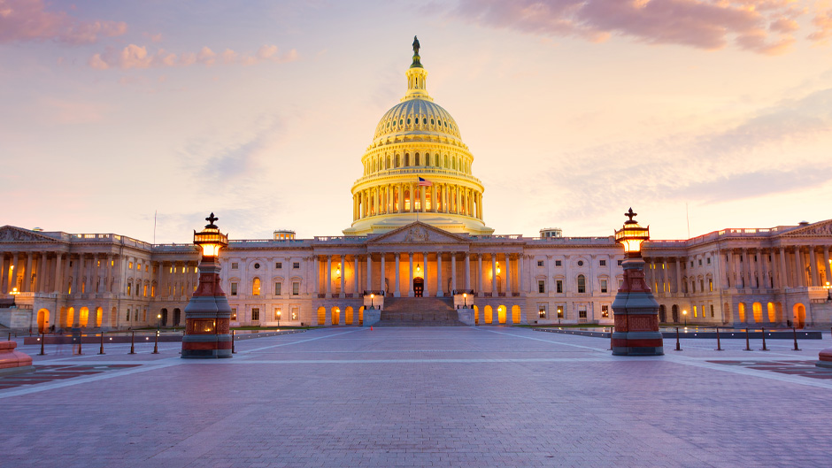 Exterior view of Congress at sunset