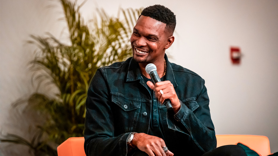 Former NBA star Chris Bosh shared lessons from on and off the court with students at the Student Government’s @whatmatterstou speaker series. Photo: Mike Montero/University of Miami