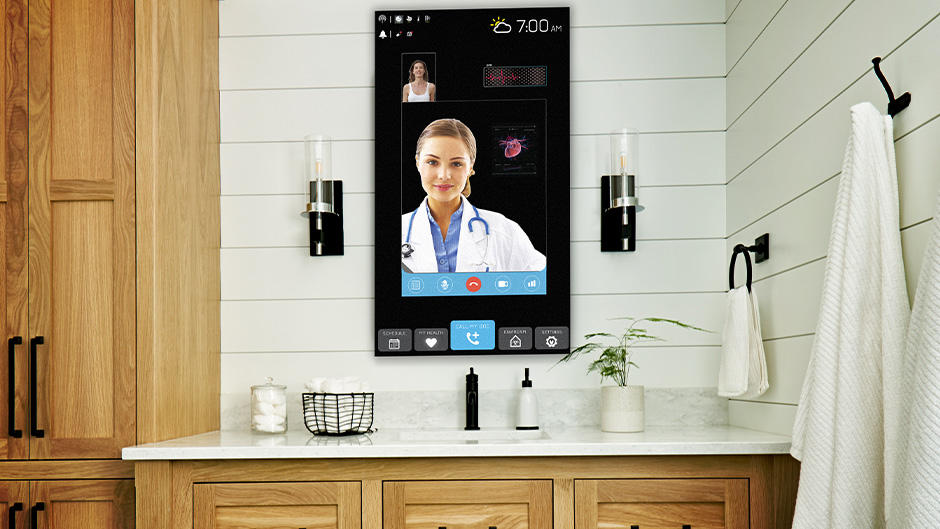 Image design showing HealthHub user interface in a bathroom
