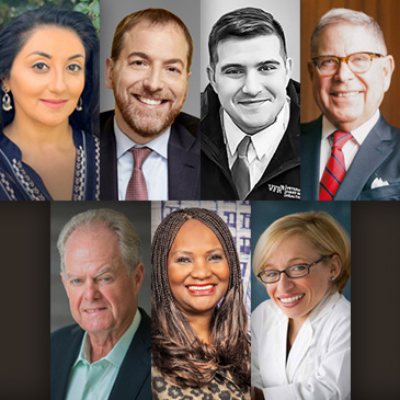 Seven headshots of speakers for May 2023 Commencement ceremonies