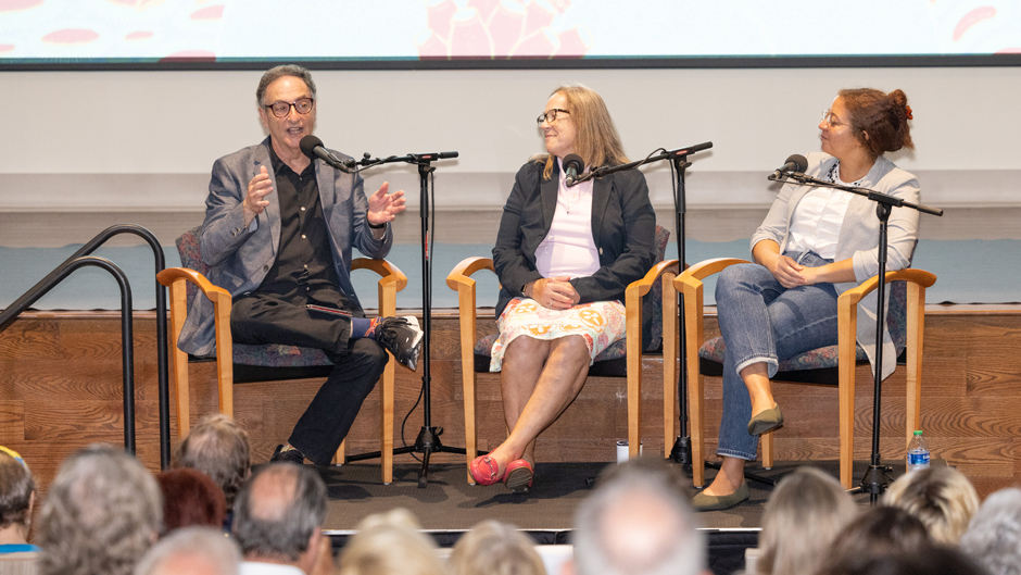  Photo by Joshua Prezant/University of Miami—Cephalopod Week featuring Ira Flatow, left,  Lynne Fieber, middle,  professor of Marine Biology and Ecology, and Andrea Durant, righ, NSF Postdoctoral Fellow at the Rosenstiel School.