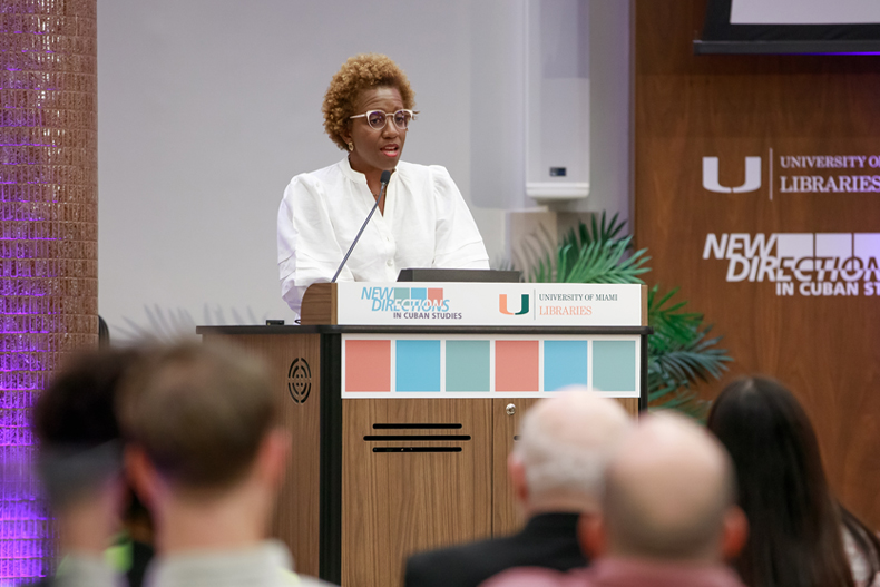 Odette Casamayor Cisneros, the inaugural Roberto C. Goizueta Distinguished Presidential Fellow, delivered the keynote address at the 2023 New Directions in Cuban Studies Conference. Photo: Jenny Abreu/University of Miami