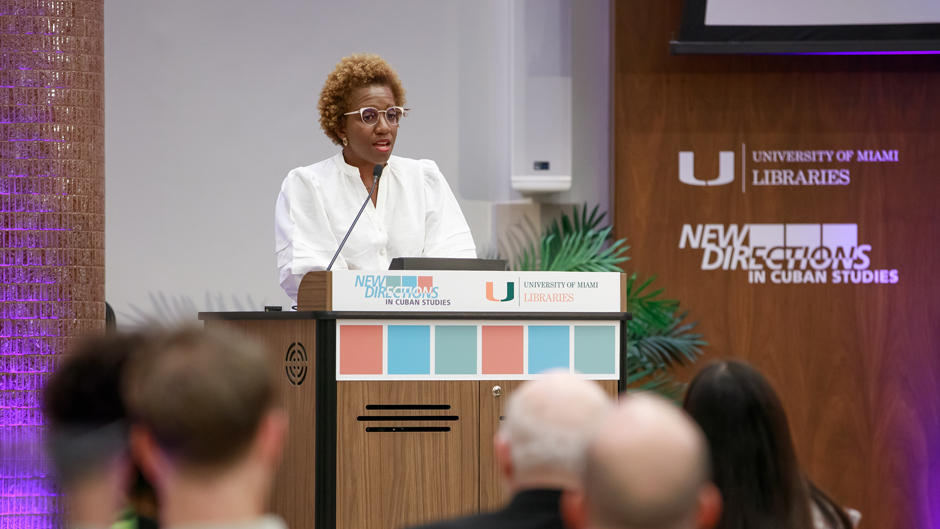 Odette Casamayor Cisneros, the inaugural Roberto C. Goizueta Distinguished Presidential Fellow, delivered the keynote address at the 2023 New Directions in Cuban Studies Conference. Photo: Jenny Abreu/University of Miami
