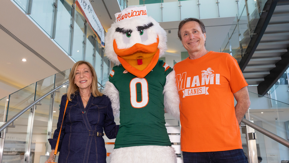 Tracy and Bruce Berkowitz, chairs of the Fairholme Foundation, photographed with Sebastian the Ibis during the anniversary celebration. Photo: Joshua Prezant/University of Miami