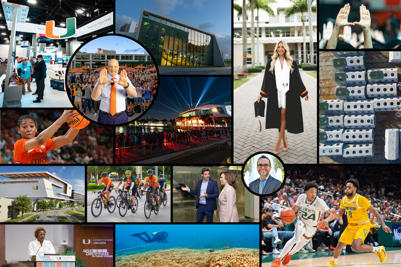 A collage of photos showing highlights of the year 2023 at the University of Miami 