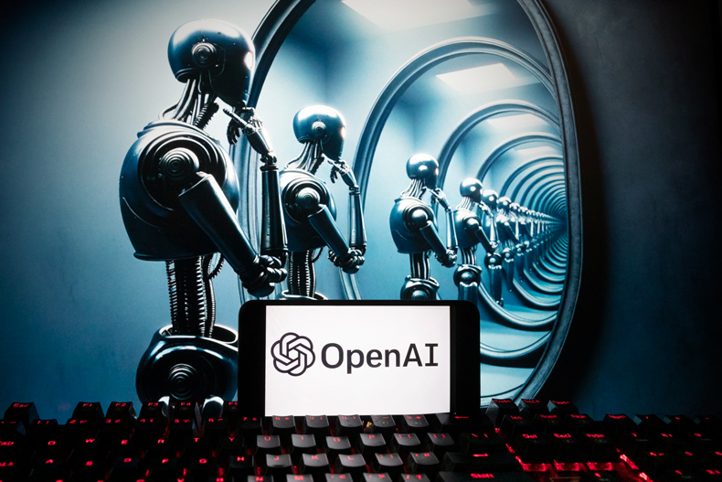 The OpenAI logo is seen displayed on a cell phone with an image on a computer screen generated by ChatGPT's Dall-E text-to-image model, Friday, Dec. 8, 2023, in Boston. Artificial intelligence went mainstream in 2023 — it was a long time coming and has a long way to go for the technology to match people's science fiction fantasies of human-like machines. (AP Photo/Michael Dwyer)
