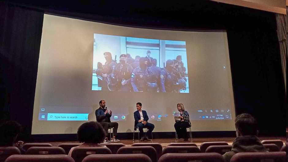 Left to right: Clayton Weimers of Reporters Without Borders, Jose Carlos Zamora, and Sallie Hughes. The other photos with the rep on screen are of Norma Torres, who Zoomed in. Caroline Val/University of Miami