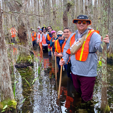 Students in the Everglades law class participate in a swamp walk through Big Cypress National Preserve in the southwestern part of the Everglades. Photo: Kelly Cox/University of Miami
