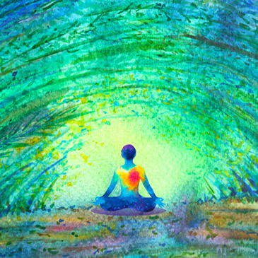 Chakra color human lotus pose yoga in green tree forest tunnel, abstract world, universe inside your mind mental, watercolor painting illustration design hand drawn stock illustration