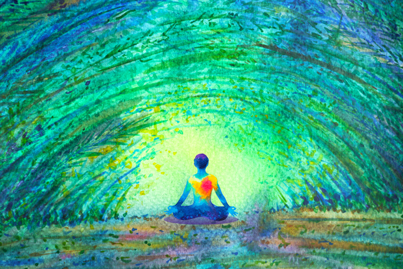 Chakra color human lotus pose yoga in green tree forest tunnel, abstract world, universe inside your mind mental, watercolor painting illustration design hand drawn stock illustration