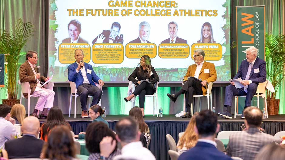 04-04-2024—Boca, FL--- Photo by Joshua Prezant/ University of Miami— Game Changer: The Future of College Athletics panel—.From left to right: Moderator: Peter Carfagna – Chairman/CEO of Magis, LLC; Adjunct Faculty & Co-Director, Sports Track, Miami Law Entertainment, Arts and Sports Law LL.M...Speakers:.Gino Torretta, Heisman Trophy Winning QB for the Miami Hurricanes, two time national champion NFL player, and college football hall of Famer, Alanys Viera – Women’s Volleyball Student Athlete, University of Miami, Dan Radakovich – Vice President & Director of Athletics, and Tom McMillen – President & Chief Executive Officer, LEAD1 Association.