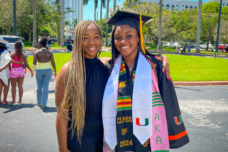 Hope Brown, left, of West Palm Beach, and her daughter, Brianna Benjamin, who graduated with a bachelor’s degree in global health on Friday, May 10. Photo: Janette Neuwahl Tannen/University of Miami